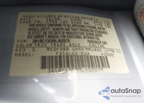 2009 Nissan Versa 1.8Sl z USA, uszkodzony, nr VIN 3N1BC13E99L402079